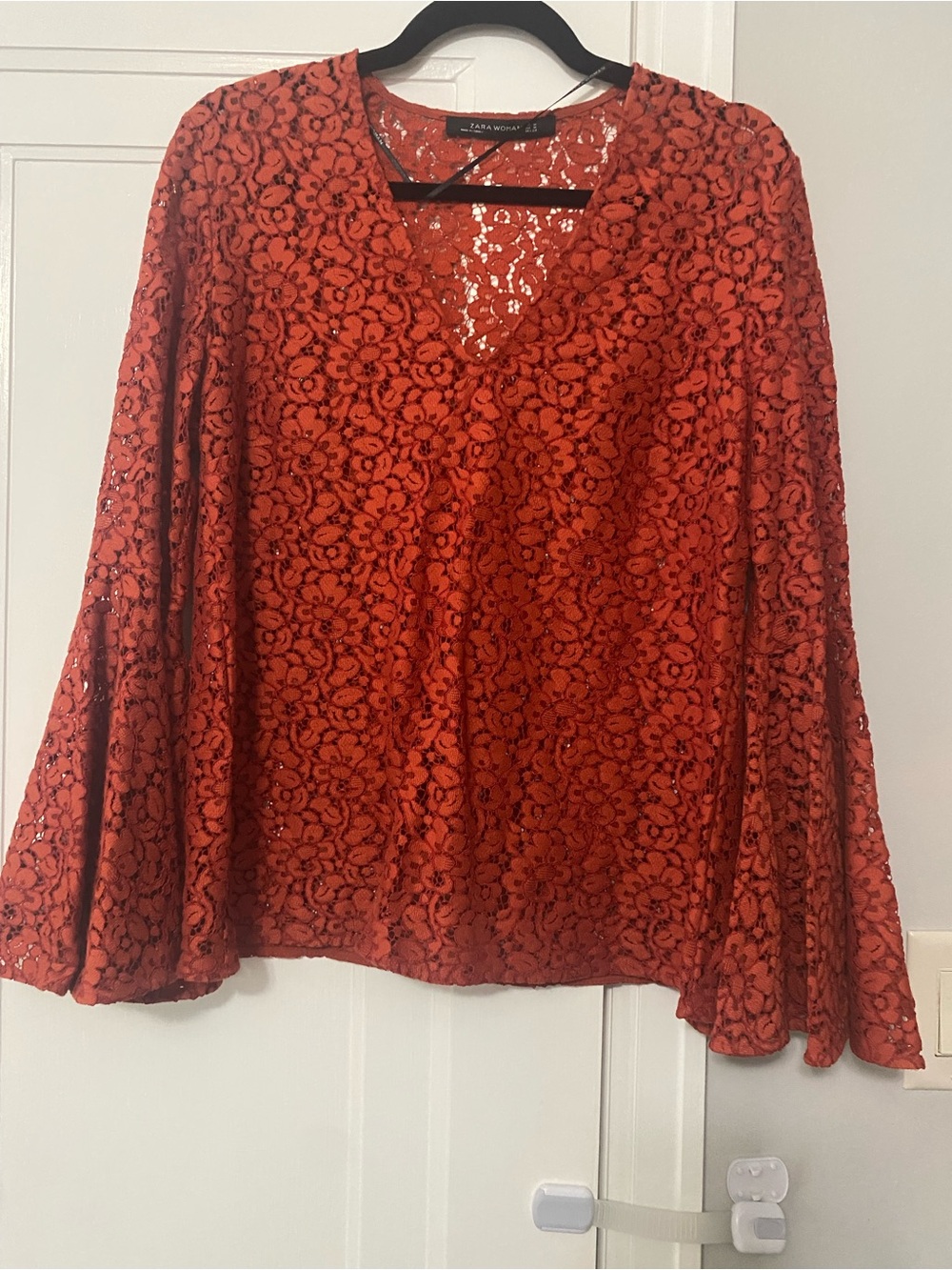 Zara Burnt Orange Floral Lace V-Neck Bell Sleeve Blouse